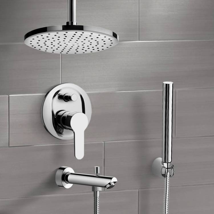 Remer TSH38-8 Chrome Tub and Shower Faucet Set with 8 Inch Rain Ceiling Shower Head and Hand Shower